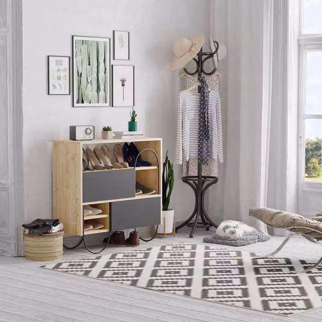 FWStyle Modern 2 Door Shoe Storage Cabinet Sideboard in Natural Oak and Anthracite