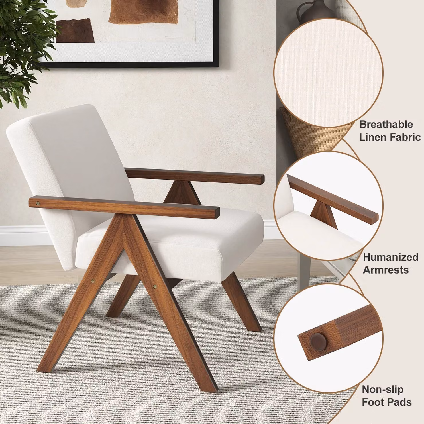 Costway Modern Accent Chair in Beige Linen Fabric with Padded Foam Cushion and Acacia Wood Frame – 3