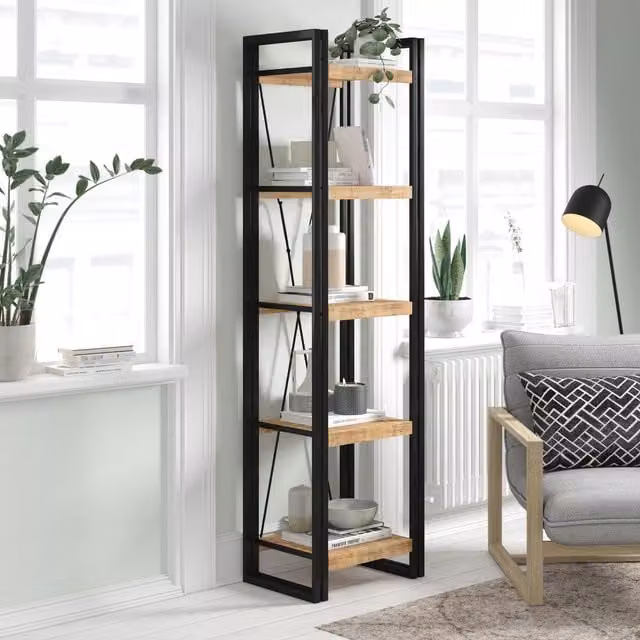 IH Design Industrial Mintis Narrow Open Bookcase in Brown and Black Wood and Metal