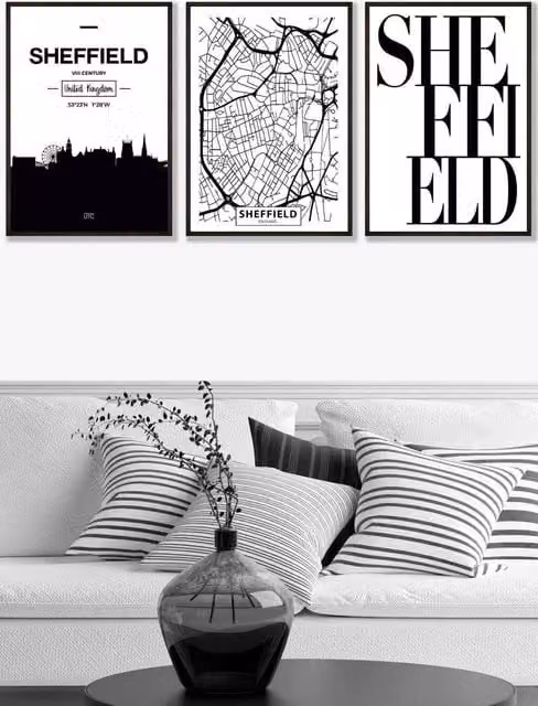 ARTZE Sheffield Skyline Street Map City Print Framed Wall Art, Black, W: 53 cm, H: 73 cm, D: 2 cm