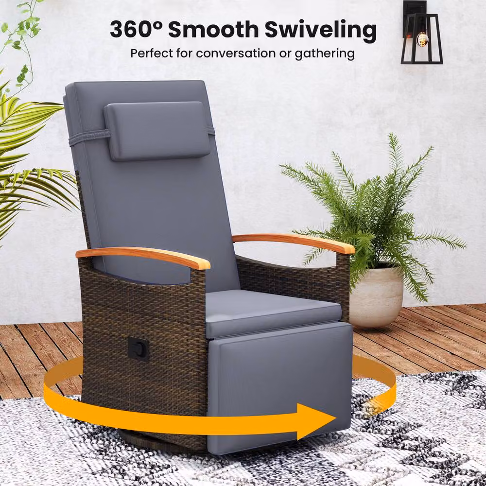 Gymax 360 Swivel Wicker Lounge Chair with Flip Side Table and Gas Spring Recline in Grey – 4