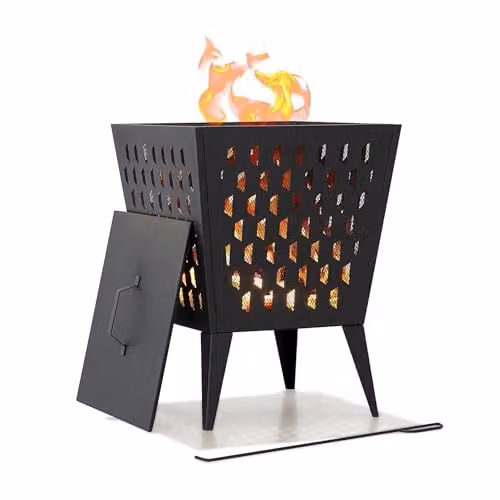 SUNJOY Black Steel Outdoor Fire Pit with Elevated Base, Cover and Poker, W: 46 cm, D: 46 cm, H: 61 cm – 1