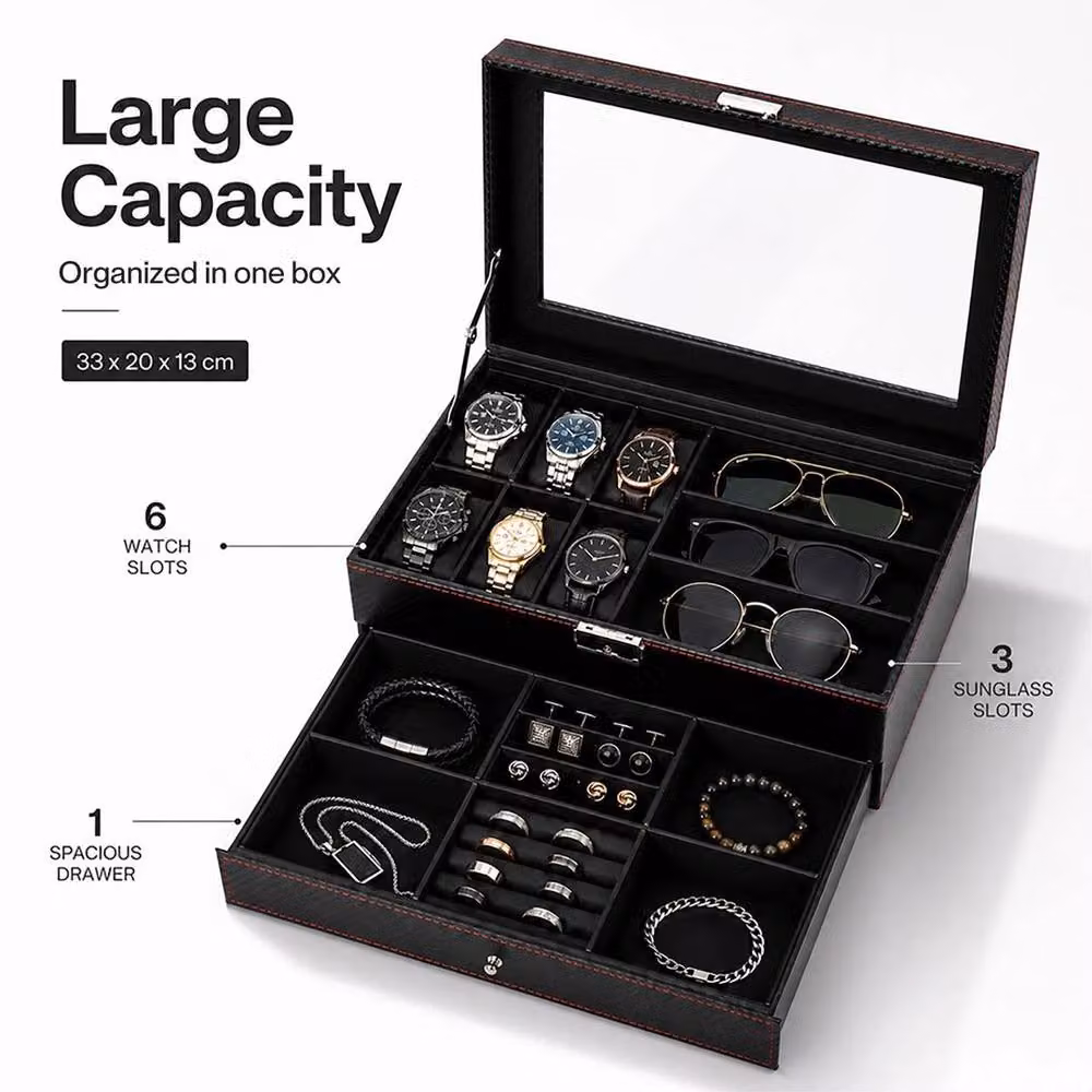 FLAVORA 2 Layer Watch and Jewellery Storage Box with Glass Lid, Black – 3