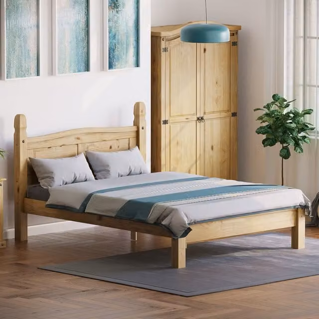 Vida Designs Corona Modern Solid Wood Bed Frame in Waxed Pine, Brown/Yellow, 140 x 200 cm