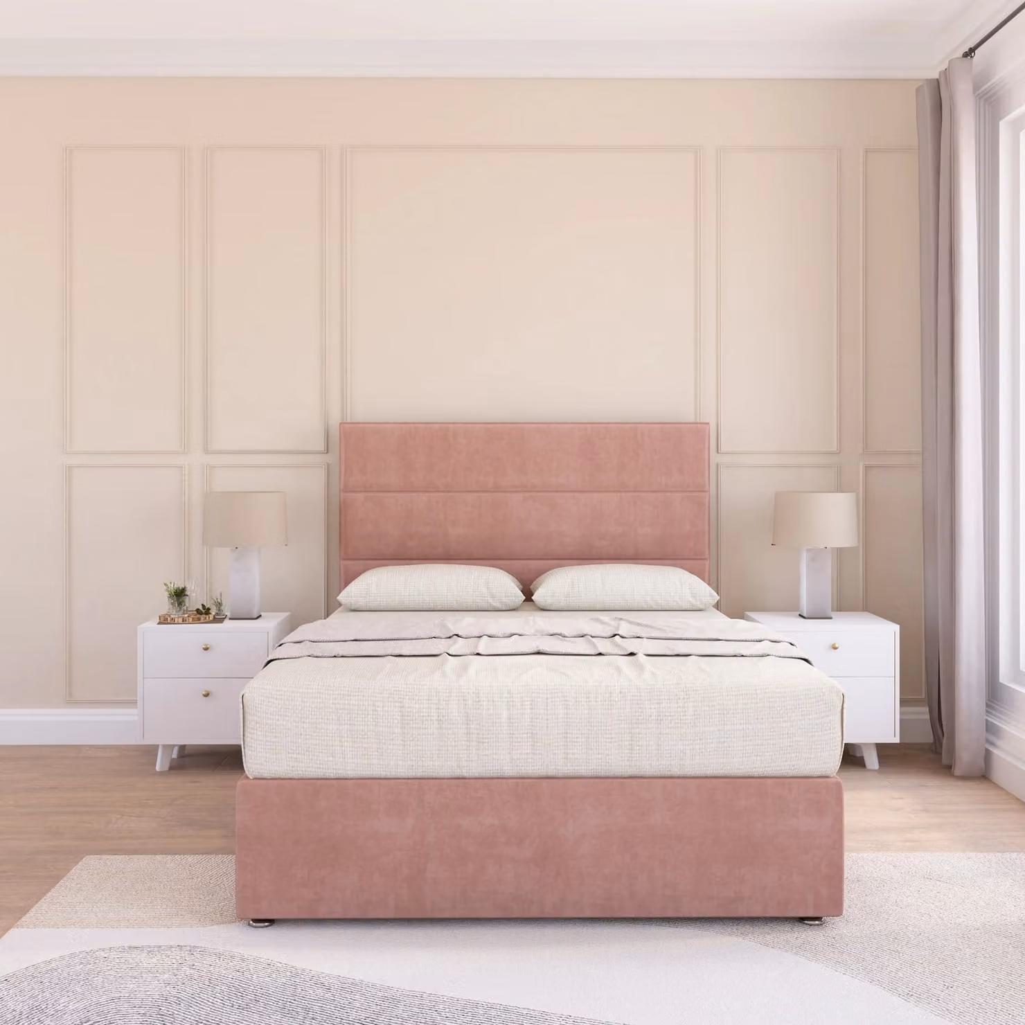 Sloomy Texas Pink Velvet Upholstered Double Divan Bed Base with 26 inch Struts Headboard, W/D/H: 140 x 200 cm