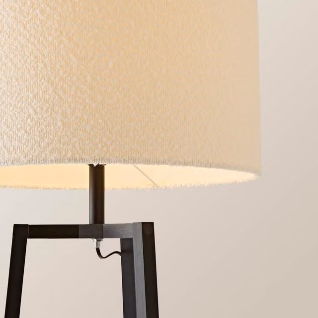 ValueLights Hiru Black 3 Tier Shelf Floor Lamp with Beige Fabric Boucle Shade and Bulb – 1
