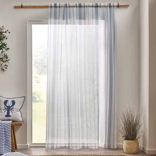 Catherine Lansfield Harbour Stripe Single Voile Curtain, White and Blue
