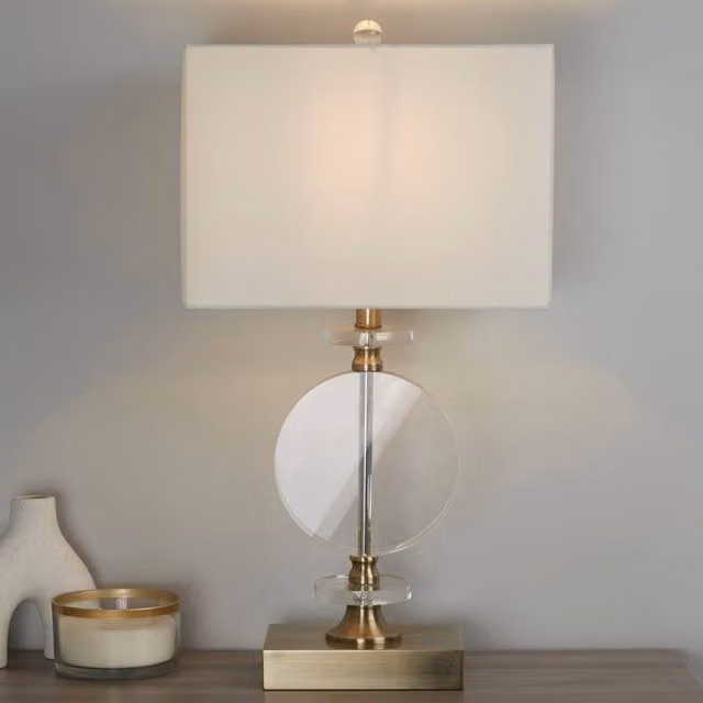 Lighting Collection Contemporary Table Lamp with Gold Base and Decorative Bronze and Clear Glass Disc