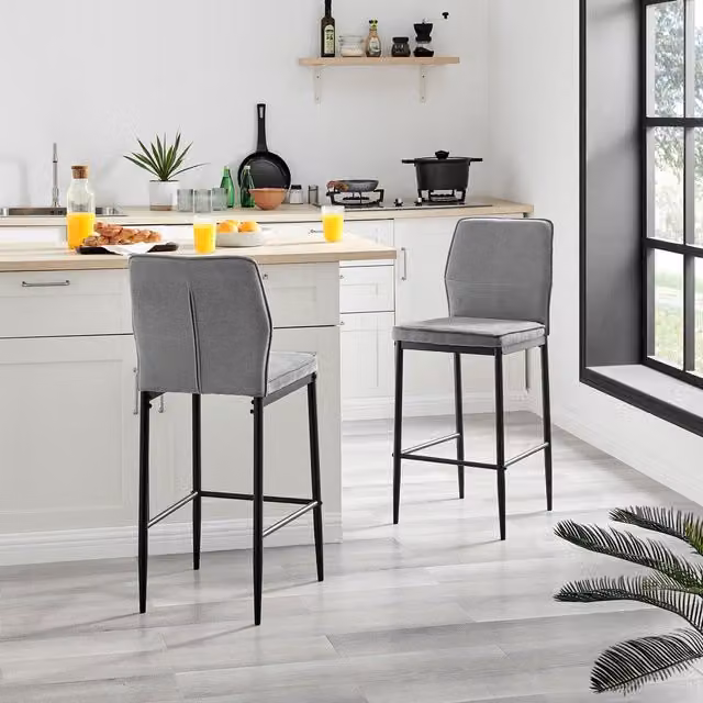 FurnitureboxUK Set of 2 Nika Grey Fabric Upholstered Kitchen Breakfast Bar Chairs with Black Metal Legs