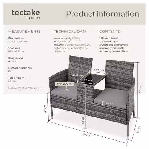 tectake Poly Rattan Outdoor Bench with Integrated Table and Cushions, Grey, W/D/H: 133 x 63 x 84 cm – 6
