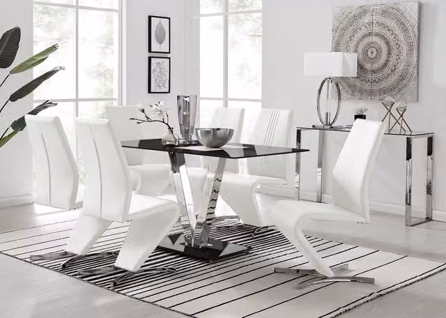 FurnitureboxUK Florini Black Glass and Chrome Metal Dining Table and 6 White Modern Willow Chairs Set