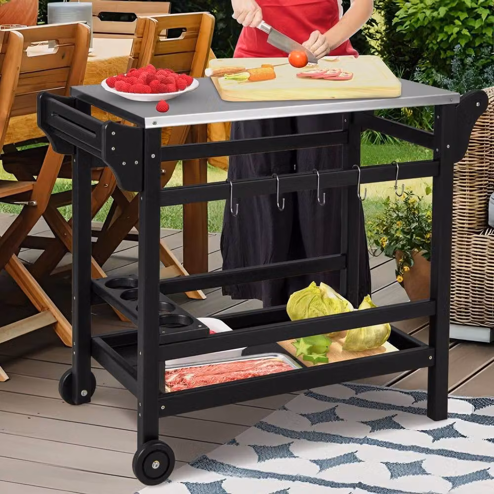Costway Movable Outdoor Dining Cart and Pizza Oven Stand in Black – 4