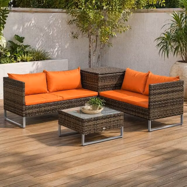 STILVORA 4-Seater Modern Orange Rattan Sofa with Storage