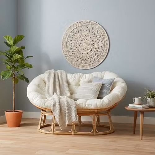 Desser Natural Rattan Double Papasan Chair with Beige Bouclé Fabric Cushions, H97 x W170 x D85 cm – 4