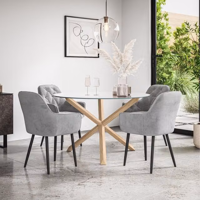 More4Homes Malvern Round Glass Dining Table with Oak Legs and 4 Grey Anika Velvet Chairs, Diameter: 120 cm, Height: 75 cm