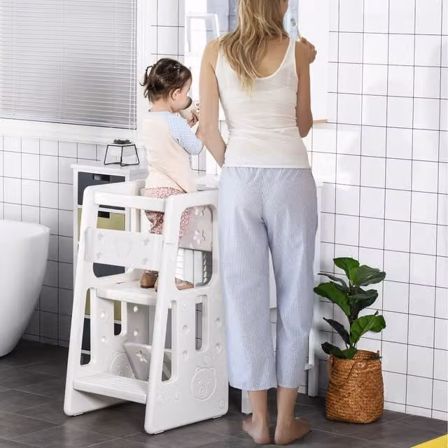 HOMCOM Adjustable Kids Step Stool and Toddler Kitchen Standing Platform, White