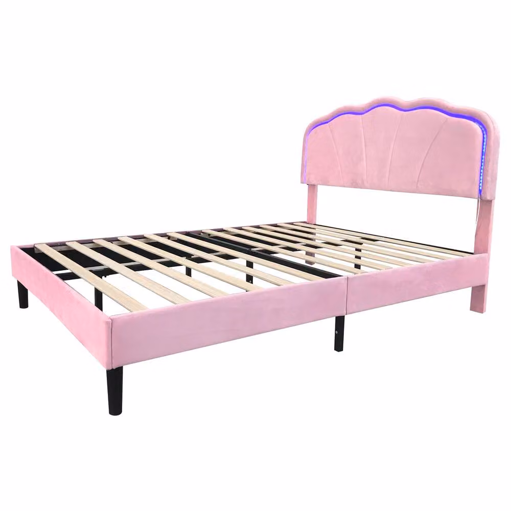 BTM Pink Velvet Upholstered Single Bed with LED Adjustable Shell Shape Headboard and Under-Bed Lighting, W/D/H: 90 x 200 cm – 3