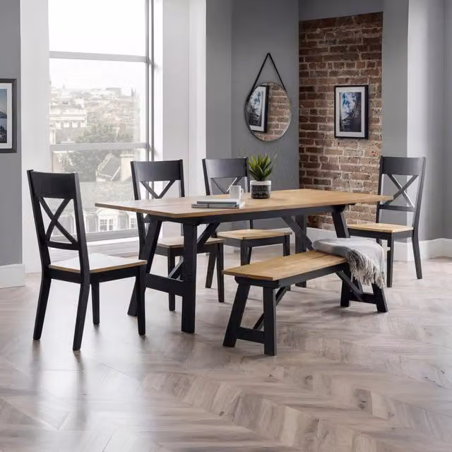 Julian Bowen Hockley Black Rubberwood Dining Set with Rectangular Trestle Table, Bench and Chairs