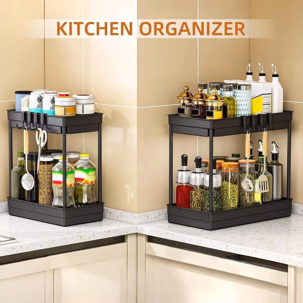 FORGEVIO 2 Pack Under Sink Pull Out Storage Organiser Shelf Rack in Black – 2