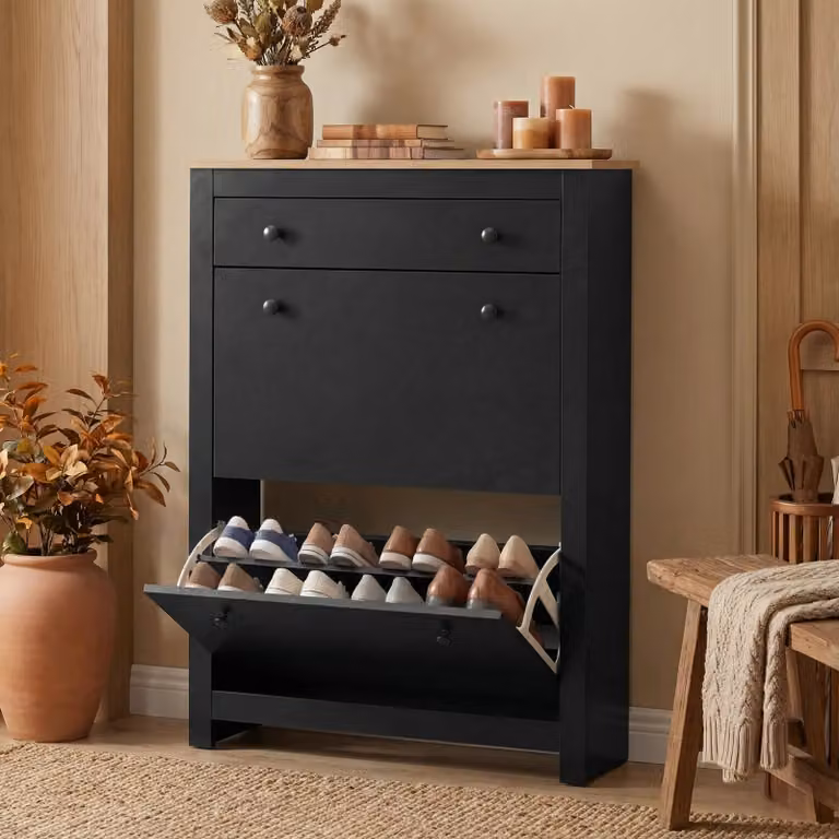Black 2 Door Shoe Cabinet with Internal Drawers and Shelves, Modern Slim Hallway Storage Unit