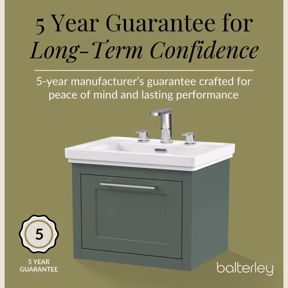 Balterley Wall Hung 1 Drawer Vanity Unit and 3TH Fireclay Basin, Green, W: 60 cm, D: 51.5 cm, H: 60 cm – 4