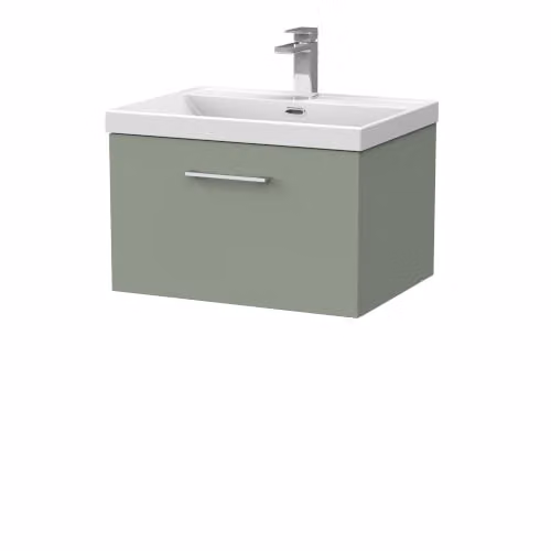 Balterley Pershall Contemporary Wall Hung 1 Drawer Vanity Unit with Thin Edge Ceramic Basin, Reed Green, W: 60 cm – 2