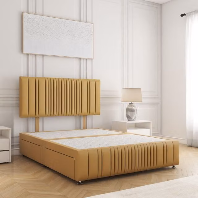 BSSPOKE Rosie Plush Divan Bed with 24 inch Headboard and 2 Drawers, Mustard Yellow Velvet Fabric, King Size W/D/H: 180 x 200 x 30.48 cm