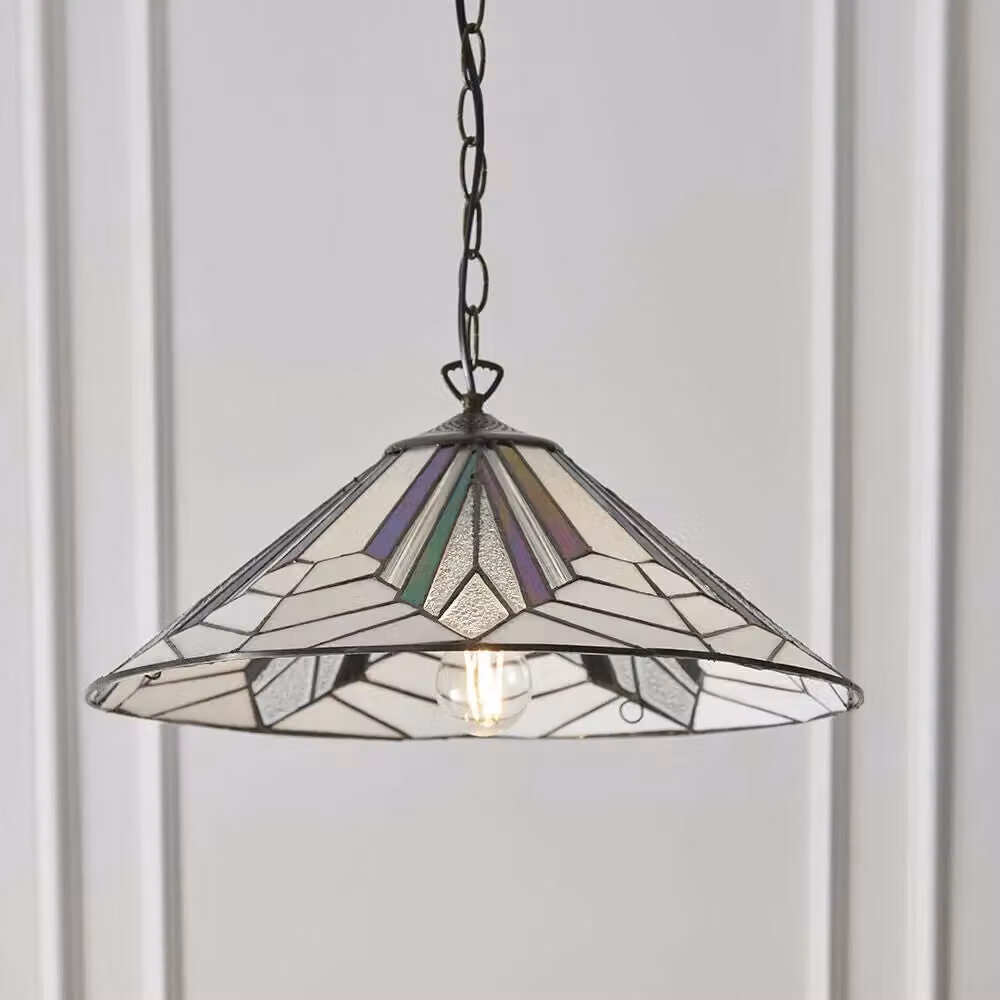 Loops Tiffany Art Deco Glass Hanging Ceiling Pendant Light with Bronze Chain in Clear and Multicolour – 2