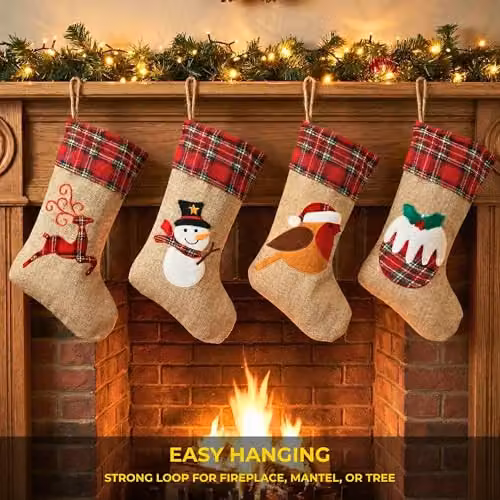 Shatchi Pack of 4 Rustic Burlap Christmas Stockings in Brown and Multicolour, 45 cm Hanging Sack Socks with Animal Designs – 6