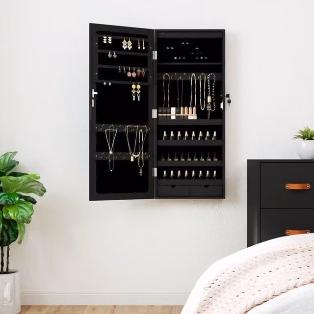 Berkfield Home Wall Mounted Mirror Jewellery Cabinet with LED Lights in Black – 1