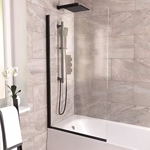 Nes Home Reversible Pivot Swing Door Bath Screen in Clear Glass with Matte Black Profile, W: 80 cm, H: 140 cm
