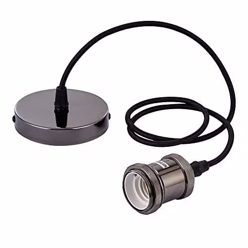 Innoteck Vintage E27 Ceiling Pendant Lamp Holder with Metal and Fabric Braided Light Fitting in Pearl Black