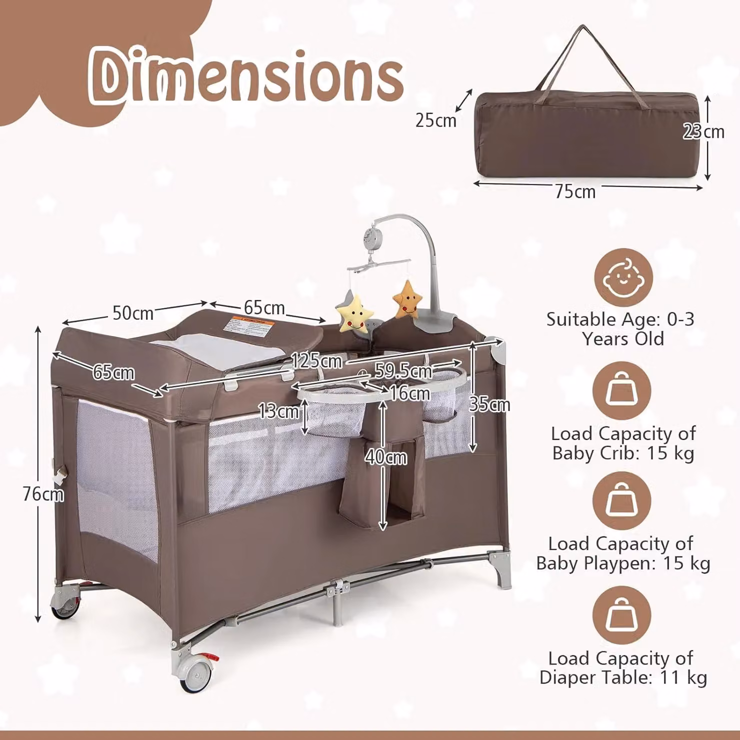 Gymax 5-in-1 Portable Bedside Crib, Folding Changing Table and Playpen with Wheels in Brown – 4