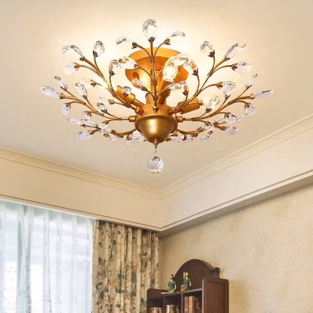 Garwarm 4-Light Vintage Gold and Transparent Crystal Ceiling Light – 1