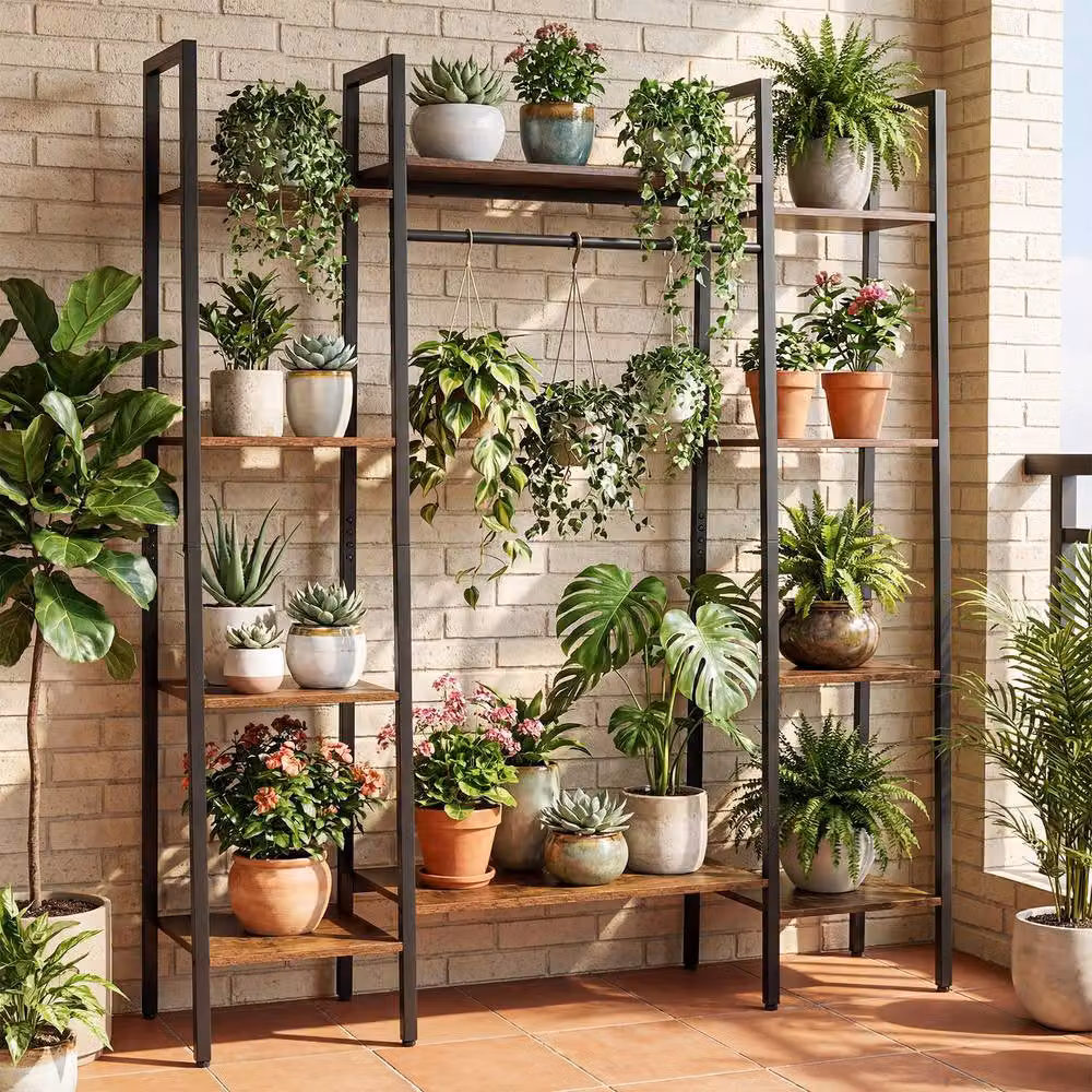 Costway Indoor Outdoor Plant Holder with Metal Frame and Adjustable Feet in Brown – 8