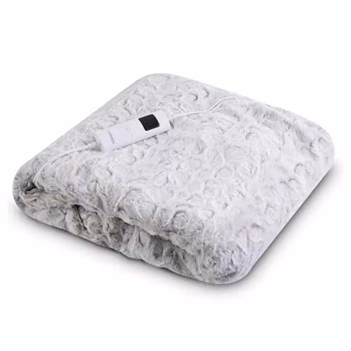 Carmen Comfort Luxury Electric Heated Throw and Over Blanket in Grey with 9 Heat Settings, Adjustable Timer and Faux Rabbit Fur