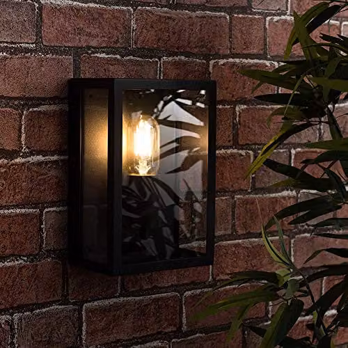 MiniSun Modern Black and Transparent Glass IP44 Rated Outdoor Wall Lantern with E27 LED Bulb, W/D/H: 10.5 x 16.5 x 24.3 cm – 4