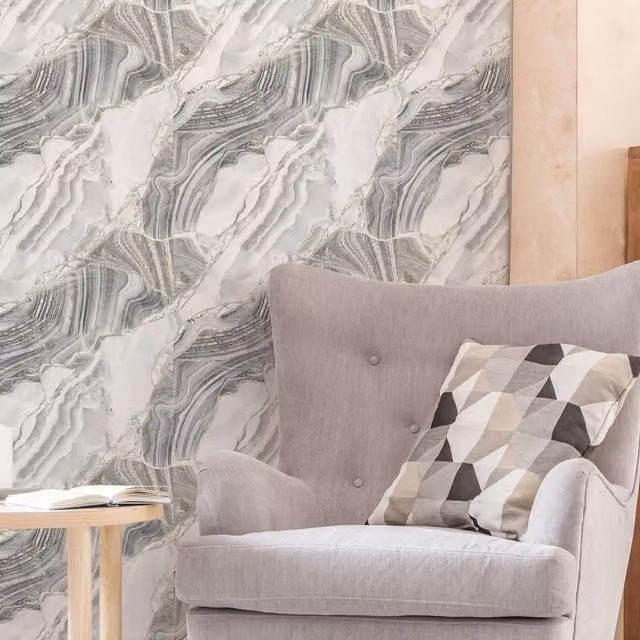 Fresco Agate Marble Abstract Wallpaper in Grey