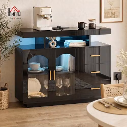 HOMCOM Modern High Gloss Sideboard in Black and Gold with Integrated Lighting and Soft Close Drawers – 2