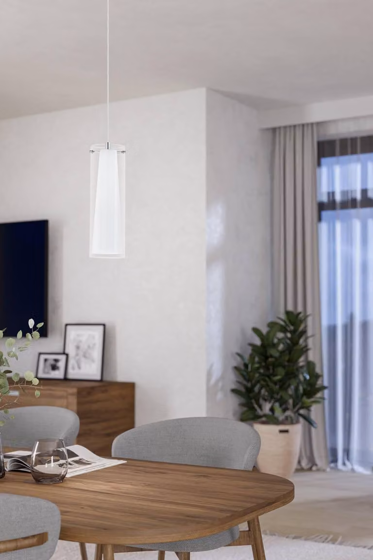 Eglo Pinto Single Glass Pendant Light in Chrome, Transparent and White