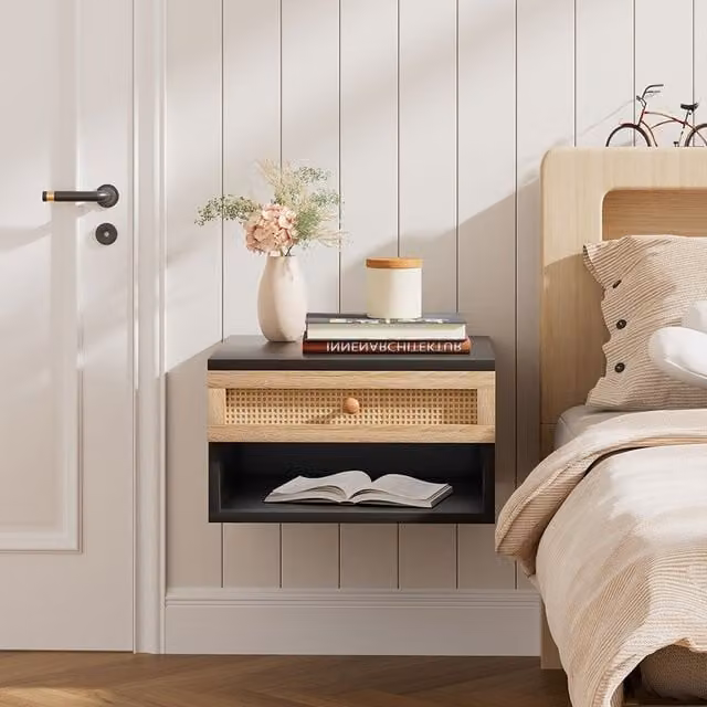 Livingandhome Black Boho Rattan Wall-mounted Floating Bedside Table