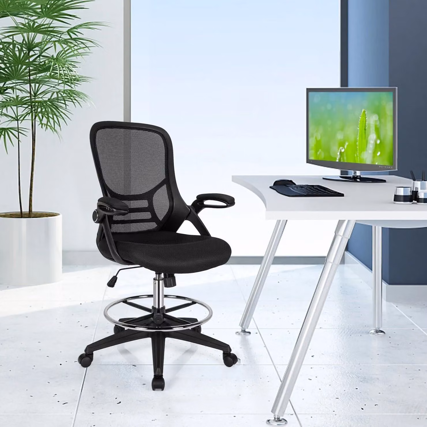Costway Ergonomic Mid-Back Swivel Drafting Chair with Armrests and Foot Ring in Black – 2