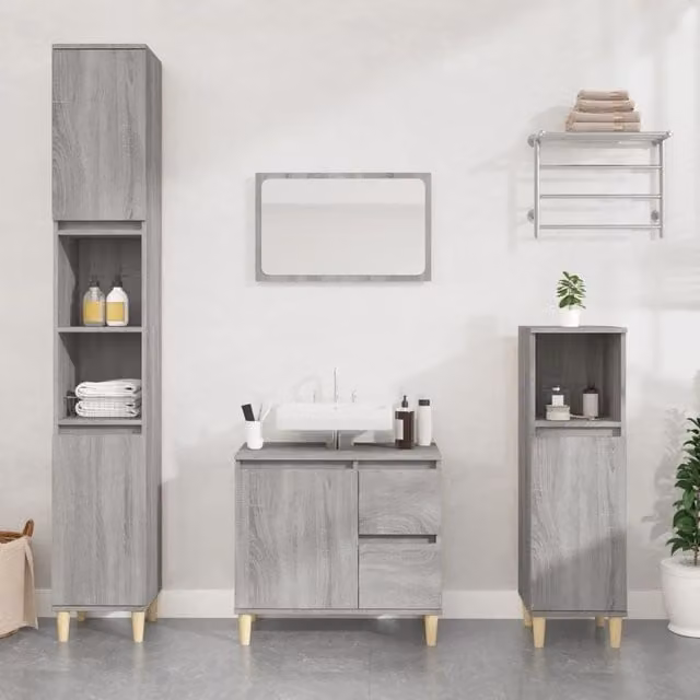 Berkfield Home 3 Piece Modern Grey Bathroom Cabinet Set with Vanity and Tall Unit