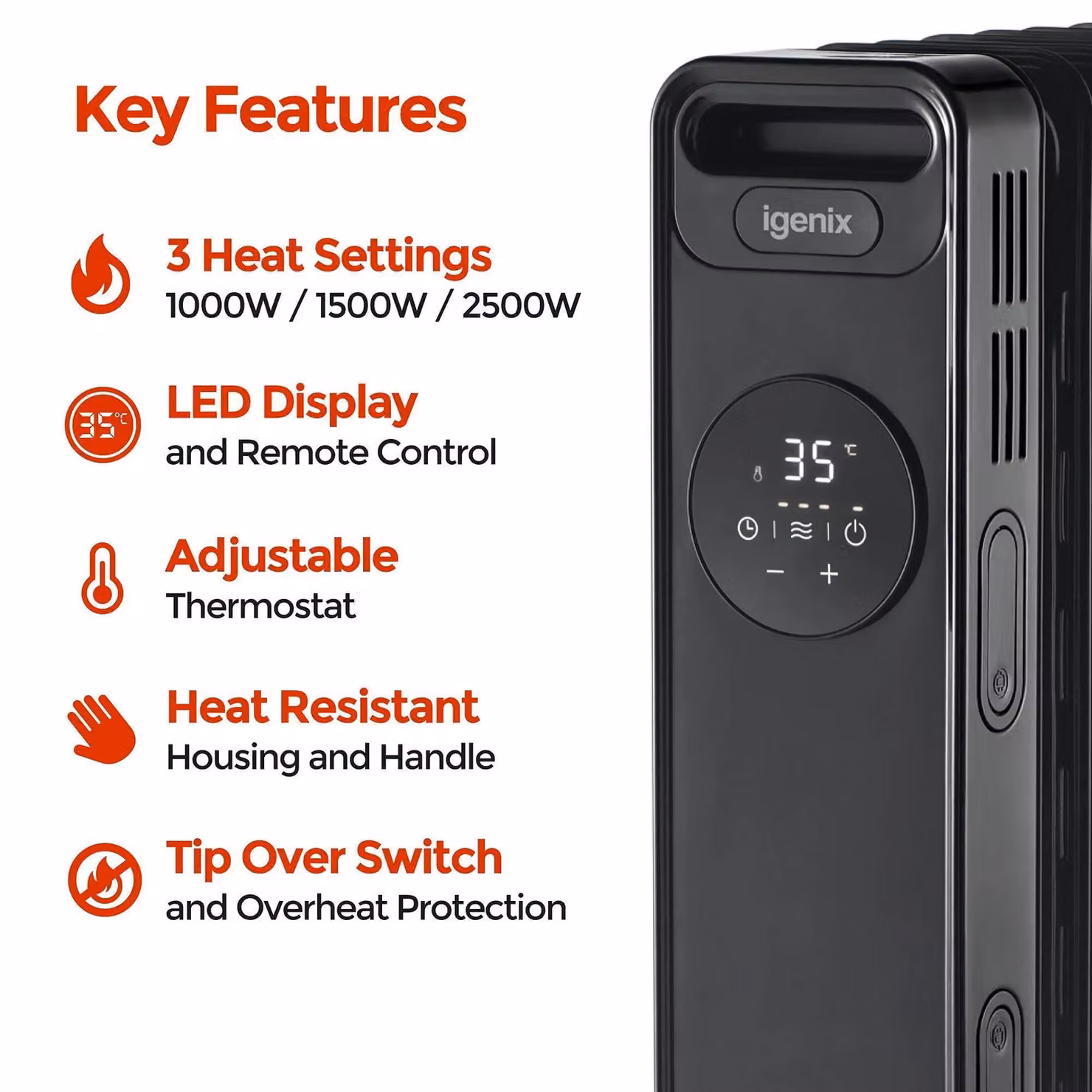 Igenix 2.5kW Digital Oil Filled Radiator with Timer and Remote Control, Black – 3
