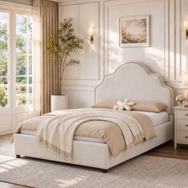 ModernLuxe Kids Single Upholstered Bed Frame with Soft Headboard in Beige, W/D/H: 90 x 190 cm
