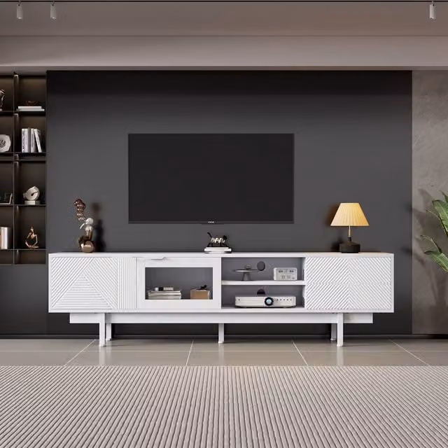 Merax Modern White TV Unit with Glass Door and Drawers, W: 200.0 cm, D: 40.0 cm, H: 50.5 cm
