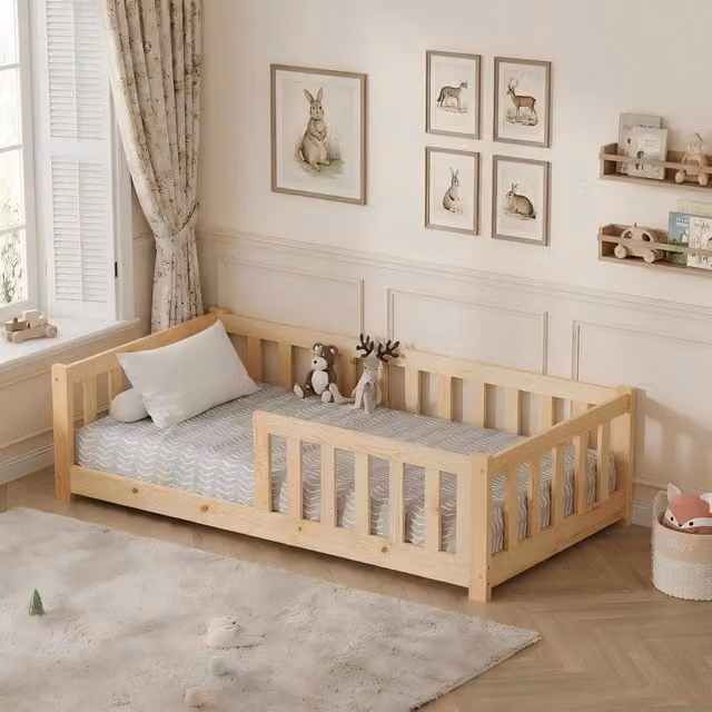 Minimalist Solid Pine Childrens Bed Frame in Natural Wood