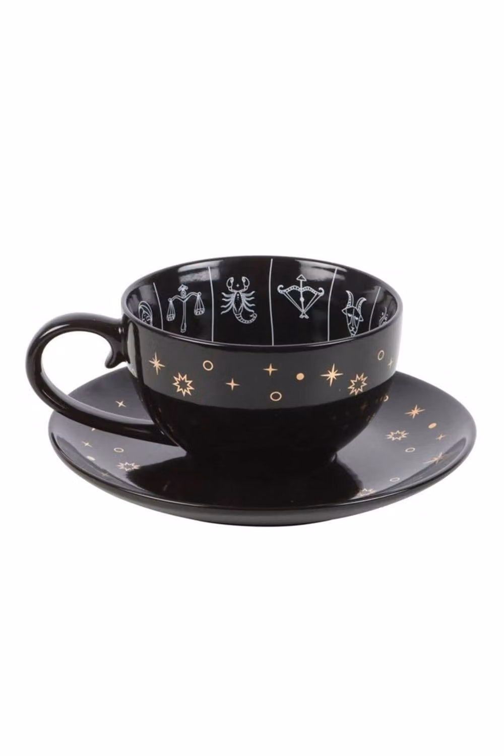KDMD Astrology Fortune Telling Teacup with Zodiac Wheel and Saucer, Black and Gold, 500 ml – 2