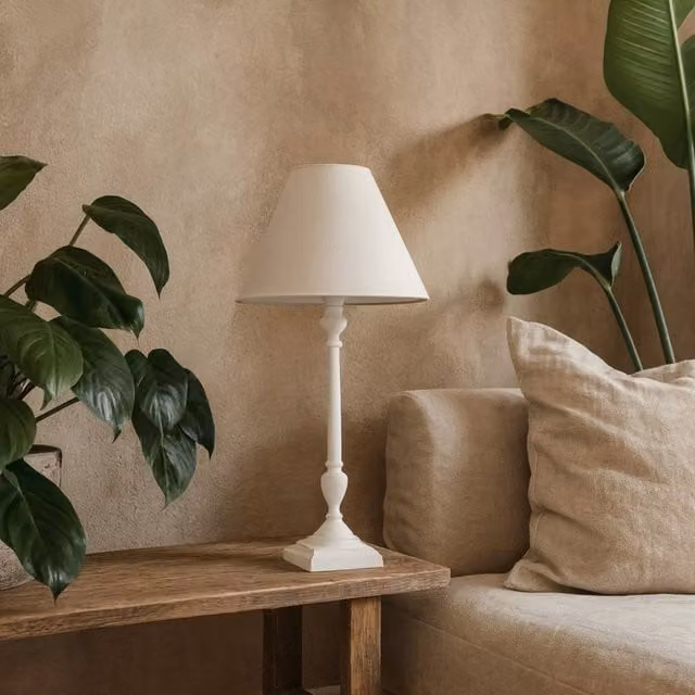 Wyld Haus Blushforge White Slim Table Lamp with Wood and Fabric Details – 1