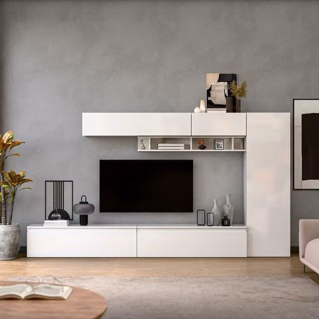 Decorotika Saumur Modern Wall Mounted Entertainment Center with Open Shelves in High Gloss White